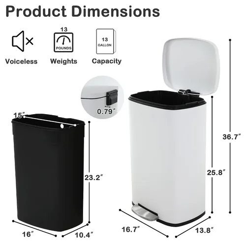 Vista 13 de Basurero de cocina de acero inoxidable de 13 galones con tapa, pedal de pie, cubo de plástico, tapa de cierre suave, resistente a las huellas Negro