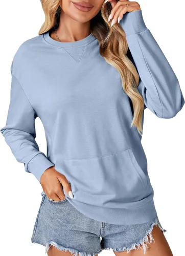 Vista 7 de OPOIPIN Suéter con bolsillo de manga larga y cuello redondo para mujer, estilo casual