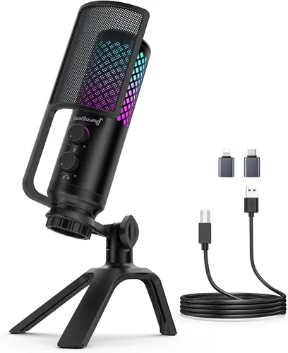 Vista 9 de ZealSound Micrófono USB para iPhone, iPad, teléfono, PC, micrófono RGB para juegos con metal completo, silencio, filtro pop, ganancia