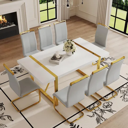 Vista 28 de Mesa de comedor Ebullient para 4, mesa de comedor rectangular negra de MDF, tapa de mesa de cena de mármol falso, mesa de comedor moderna con marco
