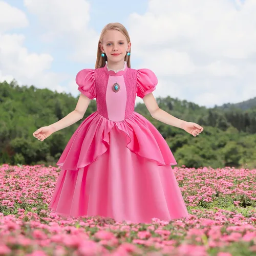 Vista 4 de CIYTI Vestido de princesa melocotón para niña, conjunto de vestido de melocotón con accesorios, disfraz de Halloween, Navidad, cumpleaños