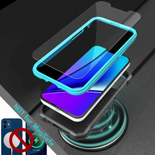 Vista 7 de ExoGuard Compatible con iPhone 13 Mini, funda de goma a prueba de golpes de cuerpo completo con protector de pantalla de vidrio templado, soporte
