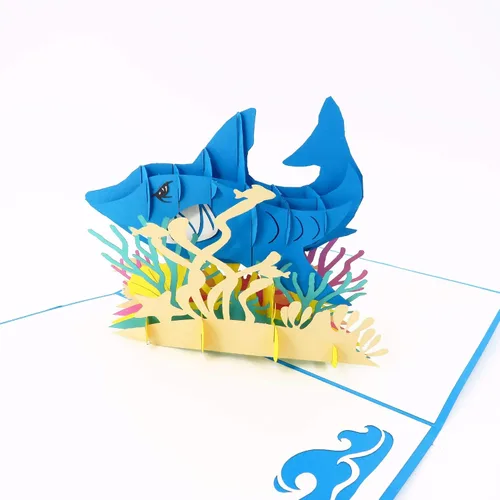 Vista 6 de Tarjeta desplegable de tiburón blanco, tarjeta de felicitación emergente 3D – Tarjeta desplegable de cumpleaños en el océano, felicitaciones