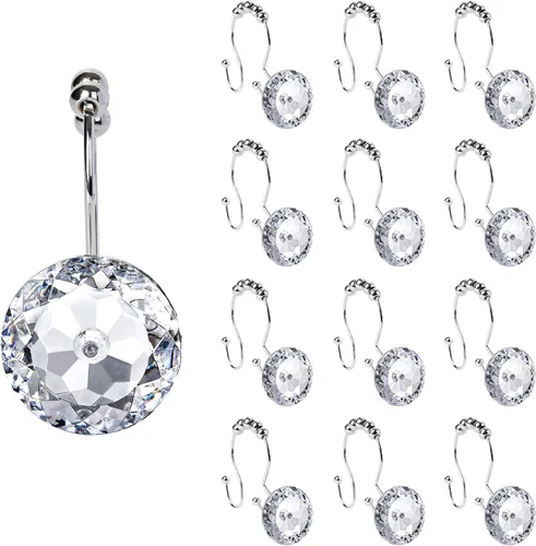 Vista 18 de Sunlit Diseño de Lujo Redondo Aqua Azul Diamante Cristal Gema Bling con Bolas Deslizantes Ganchos para Cortina de Ducha, Anillos para Cortina