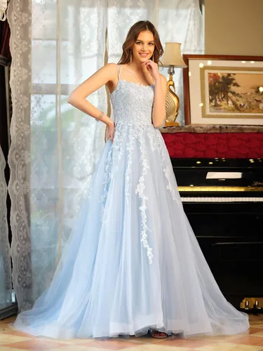 Vista 3 de TIRAS Vestidos de fiesta con apliques de encaje de espagueti para mujer, vestido largo de tul para fiesta, formal, vestido de fiesta de noche, CM264