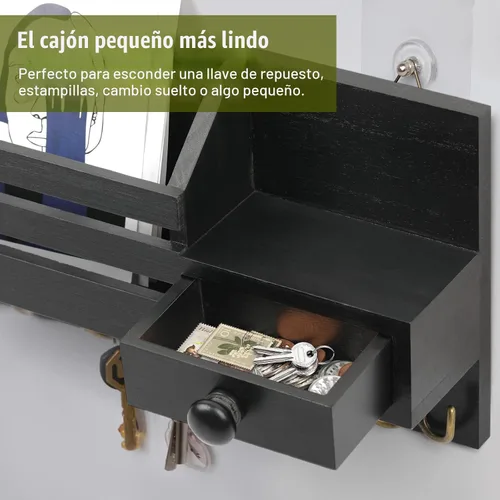 Vista 4 de Soporte para llaves de pared, organizador de correo adhesivo de madera y llaves con cajón, estante pequeño, 8 ganchos, 2 métodos de instalación