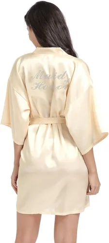 Vista 7 de Bata de boda para mujer, para novia, dama de honor, corta, de satén, kimono, batas de seda para prepararse, fiesta nupcial