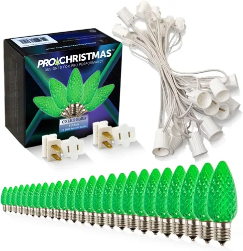 Vista 10 de Pro Christmas - Kit de luces C9 para exteriores, blanco cálido, cable verde, 50 bombillas, 50 pies