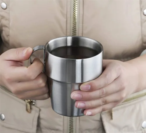 Vista 7 de Tazas de café apilables de acero inoxidable, tazas de té aisladas con mango de acero inoxidable, taza de café aislada de doble pared, mantiene