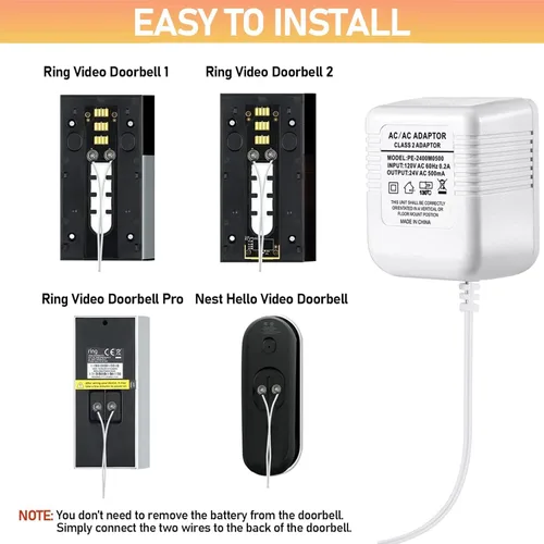 Vista 4 de Transformador de Timbre 24V Adaptador para Ring Video Doorbell, Fuente de Alimentación Cable C de 16.4 pies de Largo, Compatible con Ring, Nest