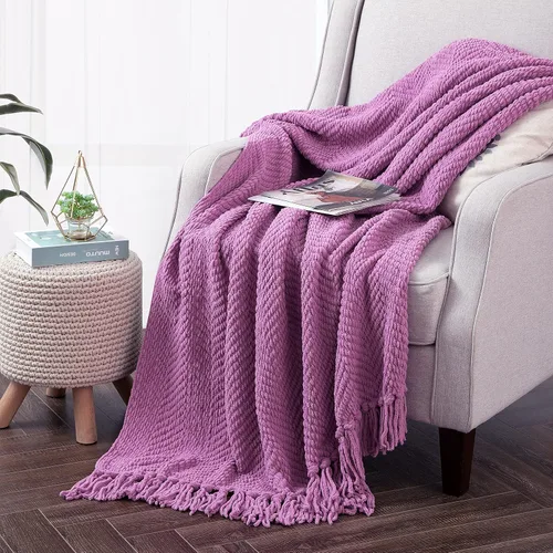 Vista 28 de Manta de punto suave con textura para sofá, manta de tweed crema con borlas de flecos para decoración del hogar, cama, sofá, silla, 50 x 60 Blanco