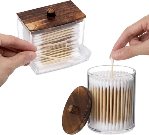 Vista 3 de Tbestmax Qtips Contenedor de baño con tapas de madera marrón, dispensador de bolas de algodón de 10/7 onzas, tarro organizador de boticario