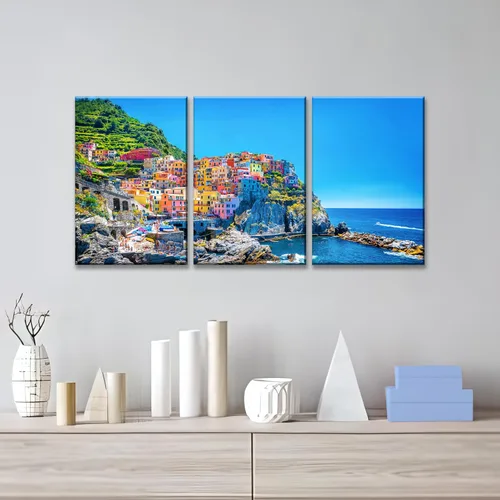 Vista 3 de NAN Wind 3 piezas de lienzo moderno pintura de pared paisaje urbano tradicional puerto mediterráneo mar Cinque Terre Italia costa paisaje impresión