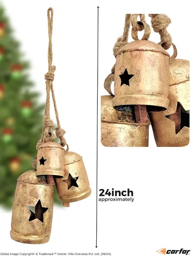 Vista 3 de Estilo rústico 3 campanas racimo de estrellas hechas a mano Metal Harmony Navidad Colgantes Campanas de vaca en cuerda de yute