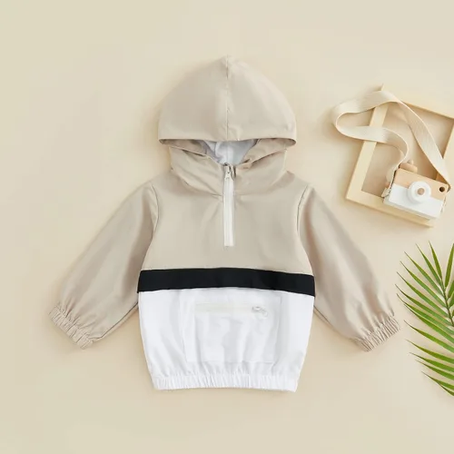 Vista 2 de AEEMCEM Sudaderas con capucha y bloque de color para niños pequeños, con cremallera de un cuarto, manga larga, con bolsillo con cremallera