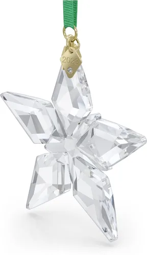 Vista 3 de SWAROVSKI Adorno de edición anual 2023, estrella de cristal transparente con 97 facetas, etiqueta acabada en tono dorado, parte de la colección