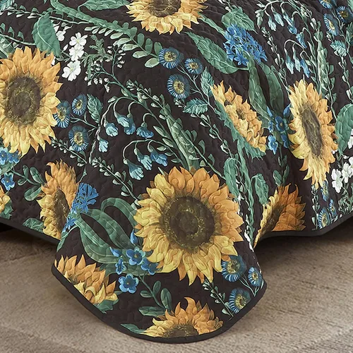 Vista 4 de ESCA - Juego de colcha de 3 piezas, tamaño Queen, con estampado de girasoles amarillos reversible, floral negro y verde