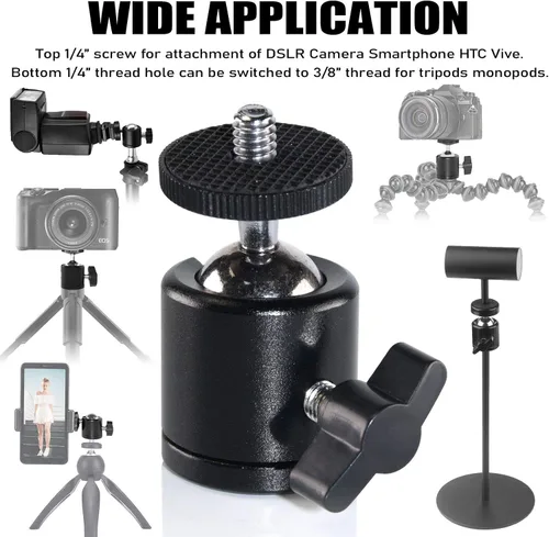 Vista 6 de EXMAX Mini cabeza esférica de aleación de aluminio de 360 grados giratoria Mini trípode con adaptador de tornillo de 3/8 a 1/4 pulgadas para cámara