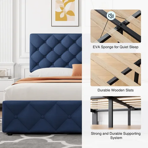 Vista 5 de GarveeHome - Base de cama tamaño Full con 4 cajones de almacenamiento, base de cama tapizada en lino con plataforma y cabecera ajustable, diseño