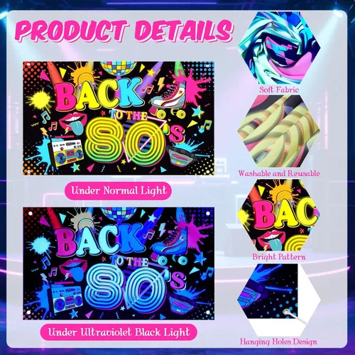 Vista 3 de Breling Cartel de fondo de Back to the 80's Retro Neon 80s que brilla en la oscuridad, decoraciones de fiesta colgantes de hip hop, decoración