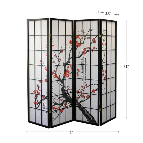 Vista 6 de Roundhill Biombo negro de 4 paneles con diseño japonés de flor de ciruelo