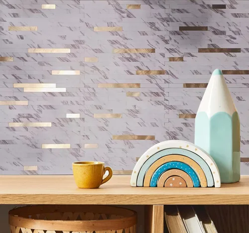 Vista 6 de Azulejo contra salpicaduras de 10 hojas, azulejos de metal mixto de PVC para cocina (mármol blanco + dorado 2, 10)