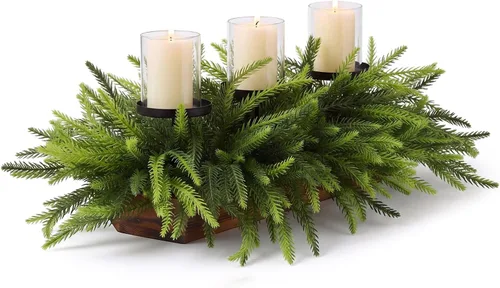Vista 8 de Centro de mesa navideño de 3 pilares con portavelas de Navidad, bayas rojas artificiales, conos de pino y base de acero, arreglo de bayas