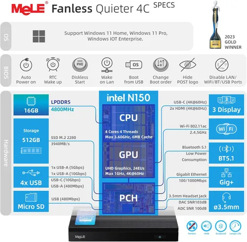 Vista 3 de MeLE Mini PC silencioso 4C sin ventilador, N150 16GB 512GB