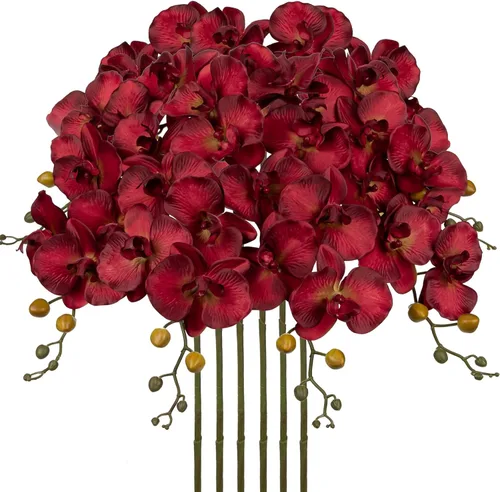 Vista 8 de DILATATA 6 tallos de orquídeas artificiales de 32 pulgadas, orquídea mariposa rústica, flores de phalaenopsis falsas para centros de mesa de bodas