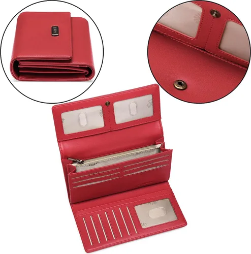 Vista 7 de GOIACII Cartera de mujer con bloqueo RFID triple pliegue cartera de mano larga para mujer cartera de cuero vegano con bolsillo para monedas A02-rojo