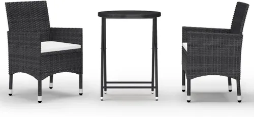 Vista 2 de Ensemble Bistro 3 Pièces Noir en Polyrotin Pliable Pour Jardin et Balcon, Table Ronde et 2 Chaises Confortables avec Coussins Amovibles, Meuble