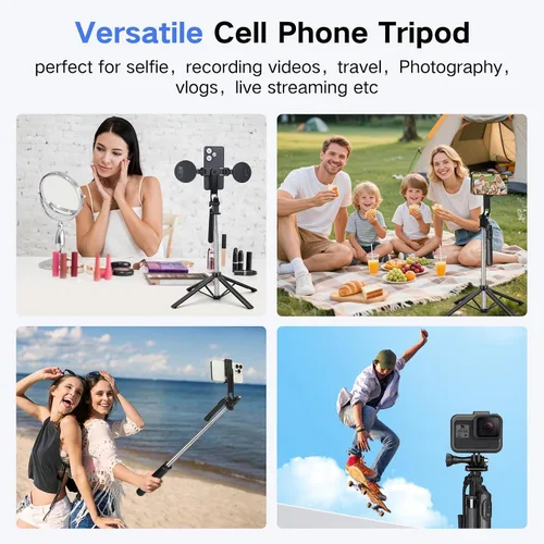 Vista 5 de Trípode de metal para selfie stick para iPhone con luz, selfiestick de teléfono celular de 70 pulgadas con control remoto, soporte de trípode