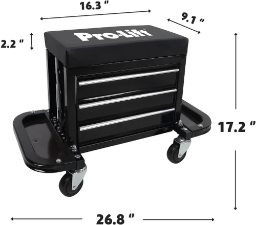 Vista 2 de Pro-Lift Mecánico - Asiento de rodillo con caja de herramientas, taburete de 3 cajones con cojín de asiento acolchado para enredadera de garaje