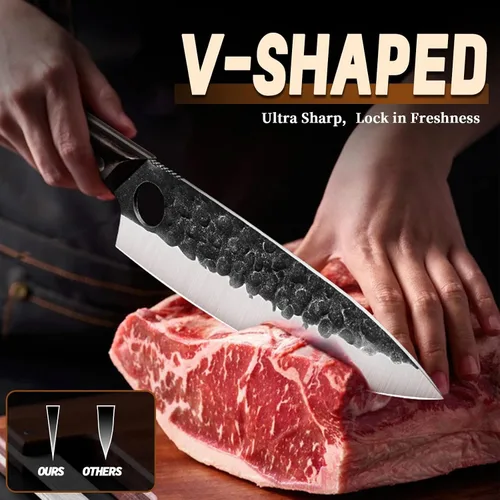 Vista 2 de Juego de cuchillos de chef japonés Golden Bird con bolsa enrollable, juego de cuchillos de carnicero forjado a mano para corte de carne, cuchillos