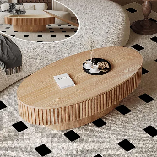 Vista 13 de Mesa de café cuadrada pequeña con almacenamiento, mesa de café moderna de madera con chapa de madera maciza, mesa central estriada