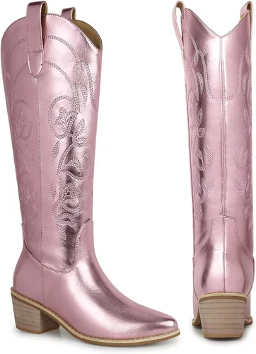 Vista 5 de SHIBEVER Botas vaqueras vaqueras para mujer Botas hasta la rodilla para mujer, botas occidentales bordadas con tacón grueso y ancho de pantorrilla