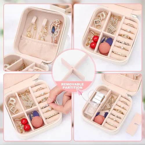 Vista 2 de XZUZ Pequeñas cajas de joyería de viaje, organizador de joyas portátil, cajas de almacenamiento para aretes, anillos, collares, cajas de joyería