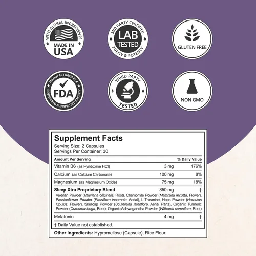 Vista 2 de NuBest Sleep Xtra Apoya un sueño saludable para adultos Vitamina B6, melatonina, ashwagandha, manzanilla, valeriana y más – No forma hábito 60