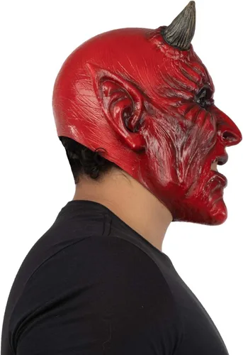 Vista 2 de Ghoulish Productions Máscara de demonio, máscara de diablo rojo. Máscara de látex de cabeza de demonio antiguo. Máscara de látex de talla única