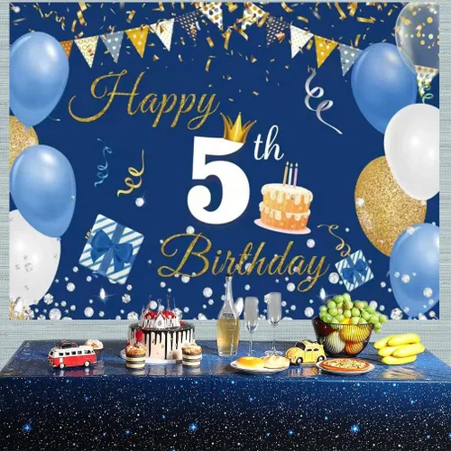 Vista 3 de Cartel de fondo de 5º cumpleaños para niños y niñas, azul, 59 x 35.4 pulgadas Póster de tela con letrero de fondo, suministros de fiesta de quinto