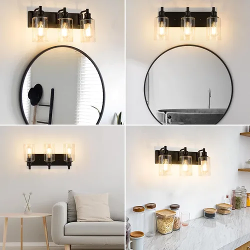 Vista 7 de Lámparas de baño de 3 luces, modernas luces de tocador negras para accesorios de iluminación de baño, accesorios de iluminación sobre espejo
