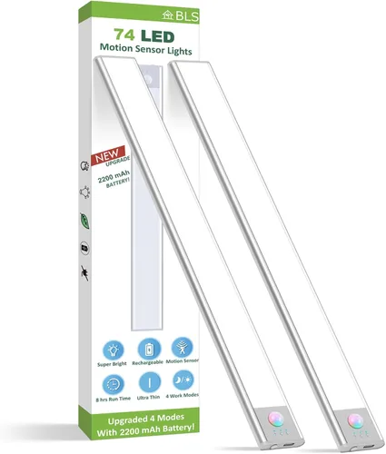 Vista 11 de BLS Luces para debajo del gabinete, 46 luces LED a batería con sensor de movimiento para interiores, luces de armario recargables USB C con sensor