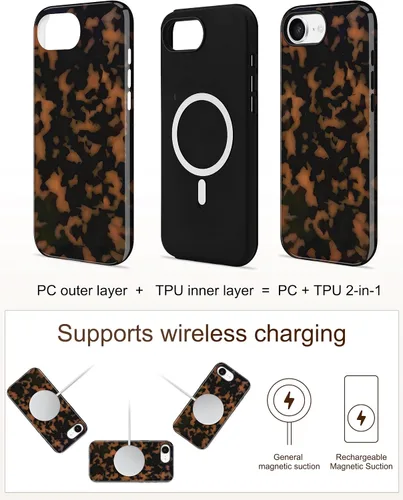 Vista 422 de Jusy Funda compatible con MagSafe con estampado de caparazón de tortuga marrón para iPhone 7/8/SE, cubierta protectora de TPU suave magnética