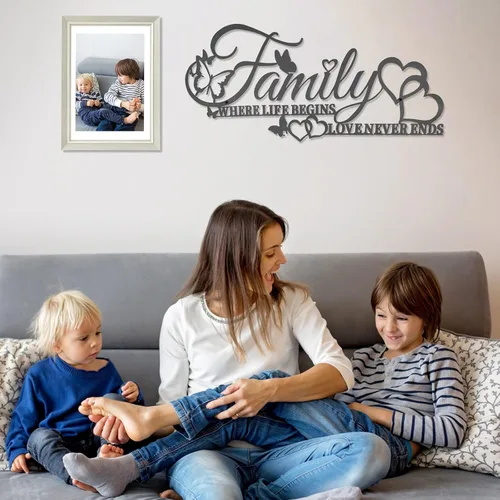 Vista 5 de Family Where Life Begins Love Never Ends Word - Decoración de pared de metal negro con corazón de mariposas, escultura colgante de letras de hierro