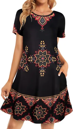 Vista 9 de Vestidos de verano para mujer, informales, holgados, estilo camiseta, florales, de manga corta, con vuelo y bolsillos, para la playa