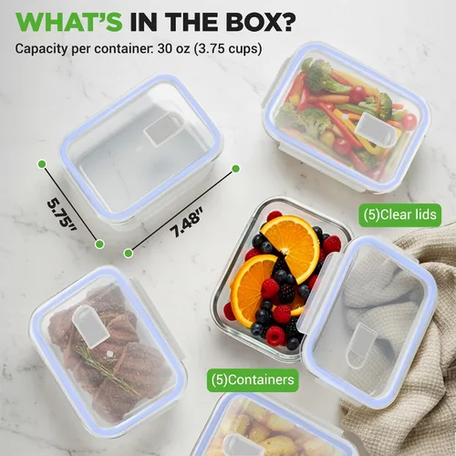 Vista 6 de NutriChef 10 recipientes de vidrio para almacenamiento de alimentos con tapas, recipientes de preparación de comidas de 30 onzas, reutilizables, Azul