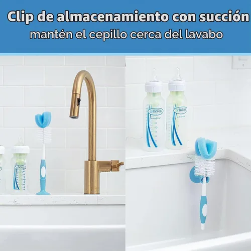 Vista 4 de Dr. Brown's Cepillo de limpieza de biberones de esponja reutilizable, azul, paquete de 3 + cepillo de limpieza de ventilación anticólico, sin BPA
