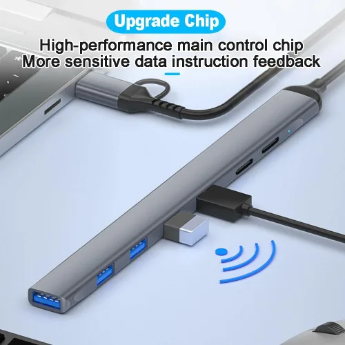 Vista 8 de Concentrador USB multipuerto USB-C, multipuerto de aleación de aluminio con 5 puertos USB, 2 puertos USB-C, para MacBook Pro Air, para iPad Pro