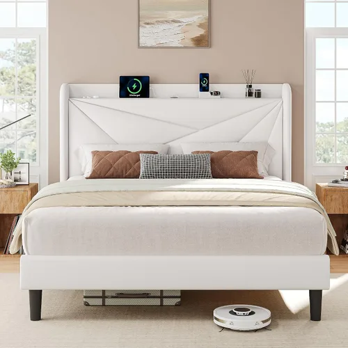 Vista 18 de iPormis Base de cama tamaño Queen con estación de carga, marco de cama de plataforma de lino con cabecera tapizada con respaldo de ala, soporte