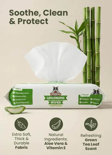 Vista 3 de Toallitas de aseo para perros de Pogi – Toallitas hipoalergénicas para mascotas para patas, cuerpo y trasero – Limpieza e hidratación, aroma a té